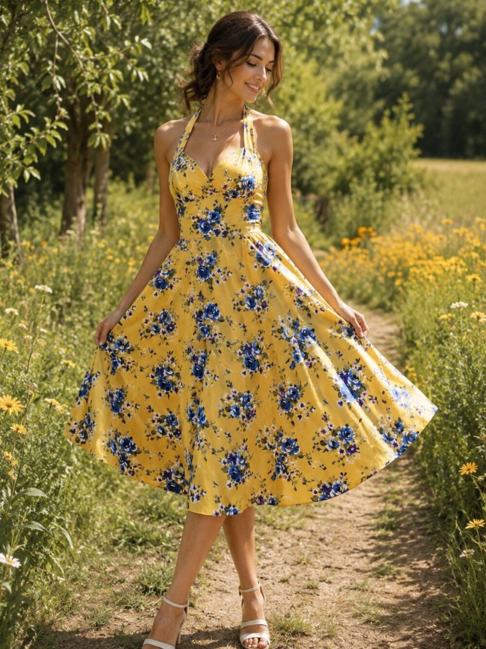 Sara U.S.A. Made in USA Yellow Floral Halter Midi Dress Cotton Blend S NWT